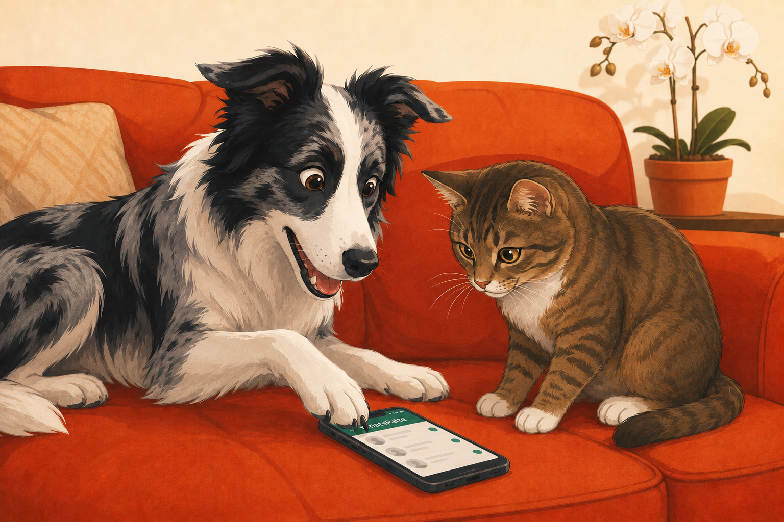 Un chien et un chat sur un canapé, le chien tapote un téléphone ouvert sur une messagerie