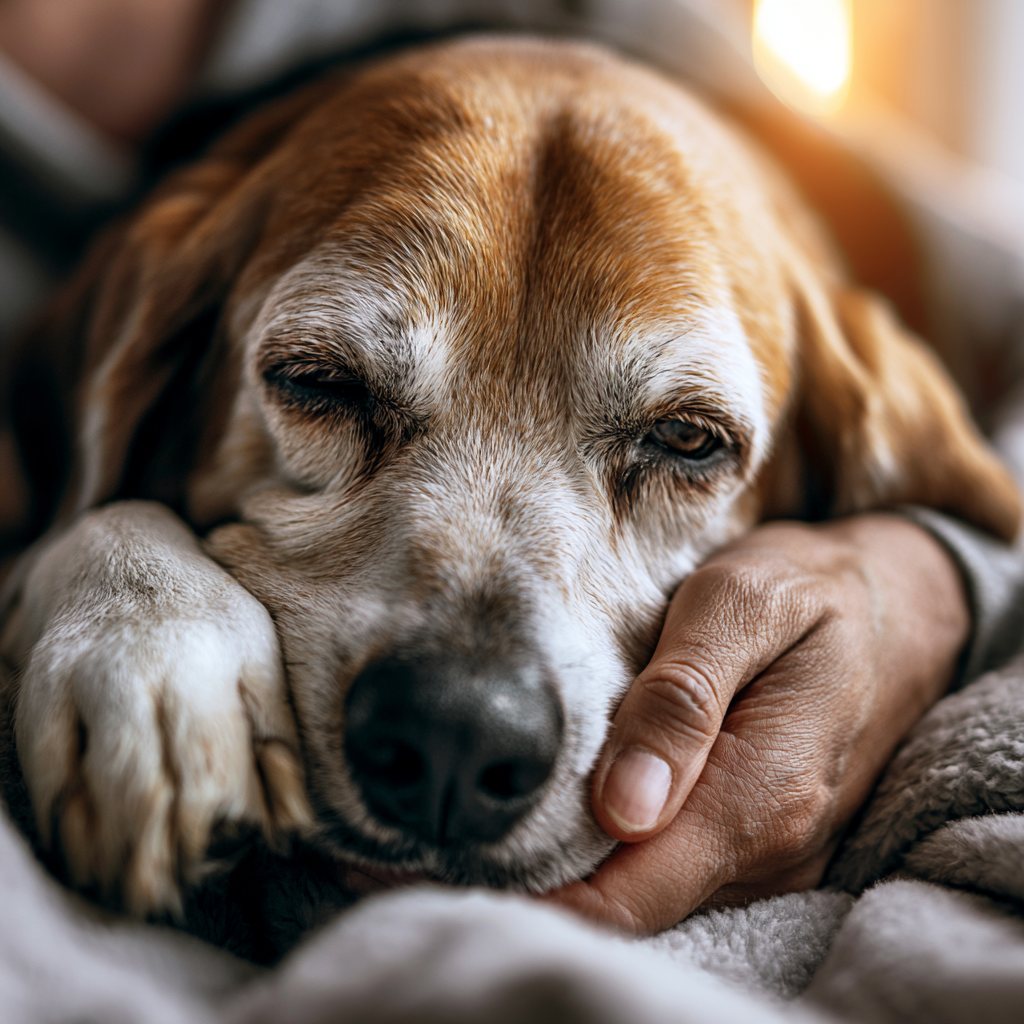 Un chien âgé apaisé, réconforté par la main de son humain