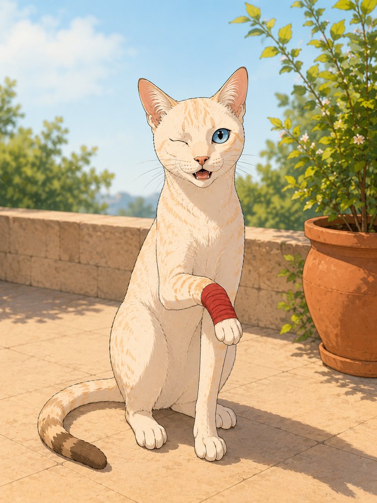 Un chat serein sur sa terrasse, la patte soignée