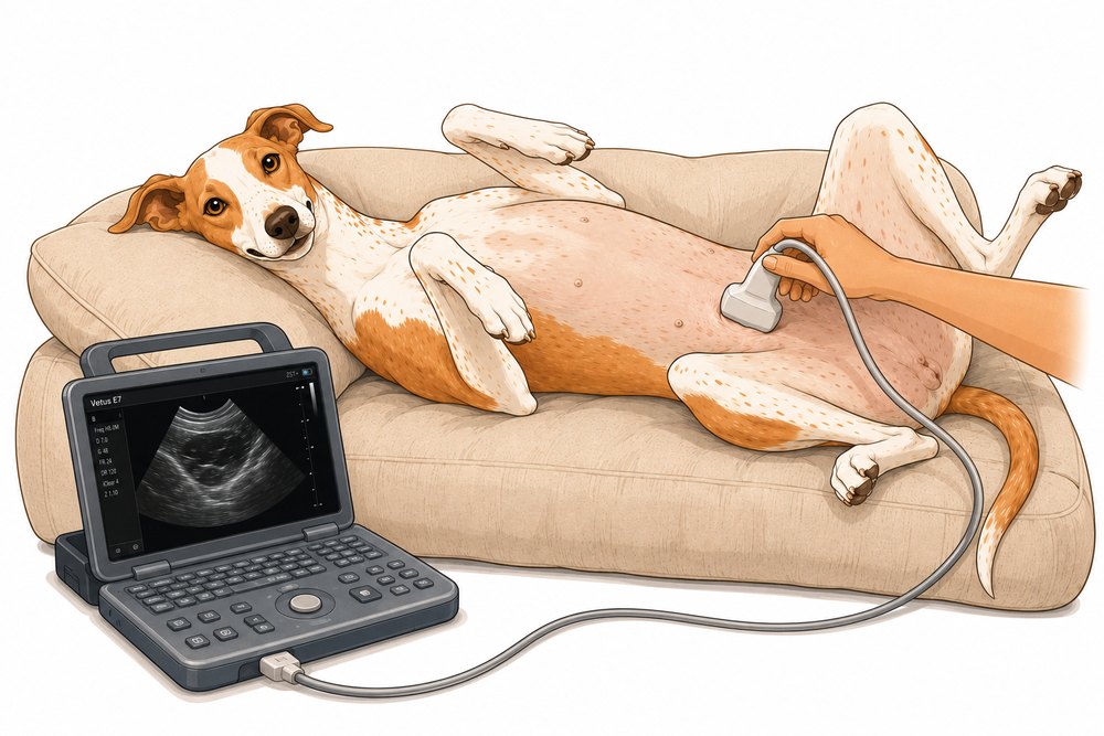 Échographie abdominale d'un chien réalisée à domicile