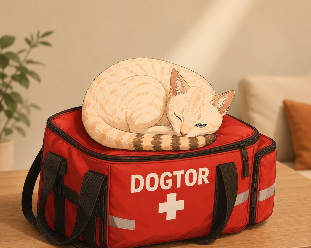 Un chat dort paisiblement sur la trousse de soins DOGTOR