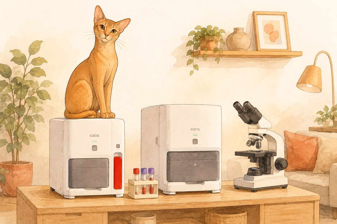 Analyseurs et microscope installés à domicile pour des résultats rapides, un chat à côté