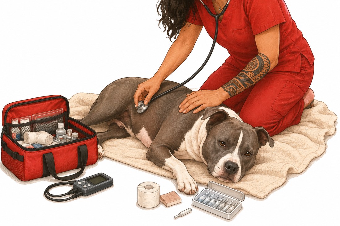 Vétérinaire auscultant un chien à domicile, sac de soins d'urgence ouvert à côté